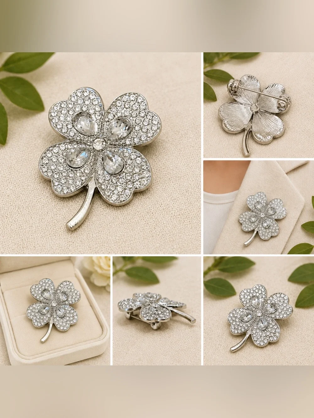 Crystal Pave Four-Leaf Clover Brooch